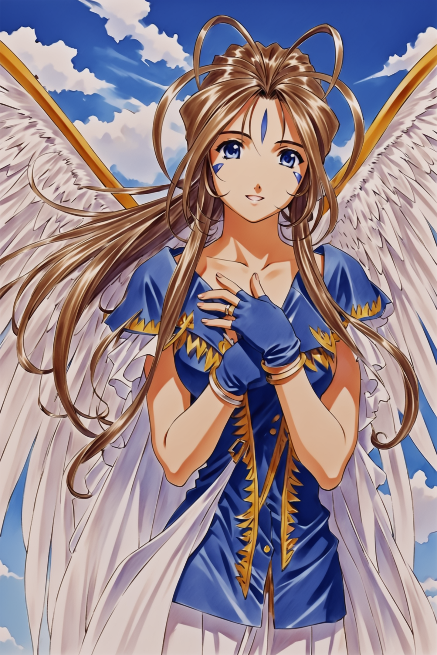 35139-311551721-Kosuke Fujishima Style,_Belldandy,1girl,solo,wings,long hair,facial mark,jewelry,brown hair,forehead mark,blue eyes,bracelet,fin.png